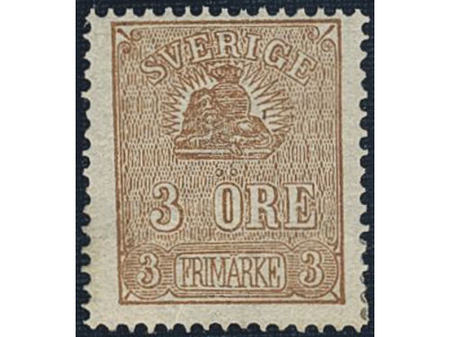 Sweden. Facit 14Bc2 ★, 3 öre brown, type II, perforation of 1865. Small thin spot, otherwise very fine. SEK 3000