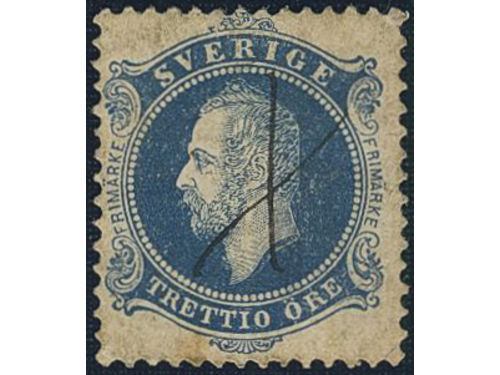 Sweden. Facit 16, 99 (★), C A Nymans proposal stamp TRETTIO öre in blue colour with smoth background. Cancelled with ink cross. Somewhat dirty.