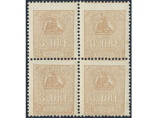 Sweden. Facit 14Bg ★★/★, 3 öre greyish orange-brown, type II. Fresh and beautiful block of four with two stamps mnh. SEK 24600