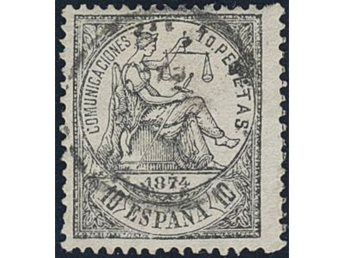 Spain. Michel 144 used, 1874 Allegory 10 Pta black. EUR 2400
