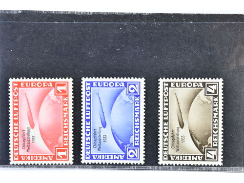 Germany, Reich. Michel 496–98 ★, 1933 Graf Zeppelin - World Exhibition in Chicago SET (3). Zeppelin Chicagofarht 1933, complete set with hinges on the back side. EUR 1200
