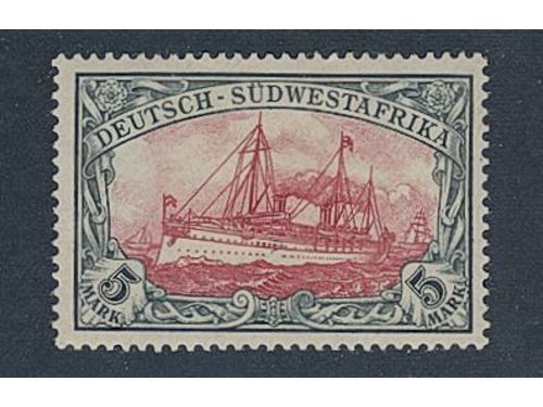 German colonies, Southwest Africa. Michel 23 ★, 1900 Ship 5 M black-green/red without wmk. Trace of a hinge on the back side of the stamp. EUR 240