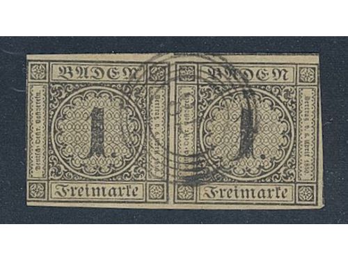 Germany, Baden. Michel 1b or Scott 1 used, 1851 Numerals 1 Kr black on yellow-brown paper. Horizontal pair with a very fine numeral cancellation 