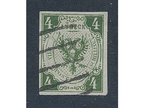 Germany, Lübeck. Michel 5a or Scott 5 used, 1859 Coat-of-Arms 4 Sch dark green. Used copy with fine margins. EUR 750