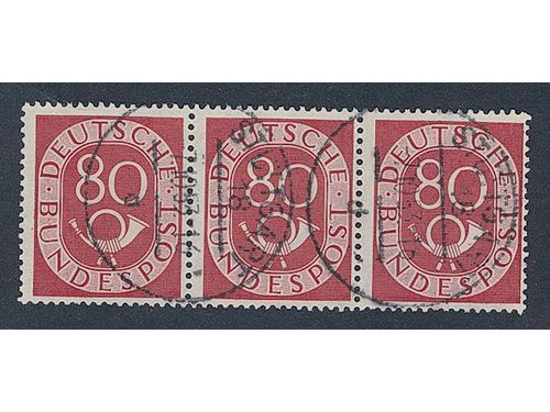 Germany, GFR (BRD). Michel 137 used, 1952 Posthorn 80 pfg rose-red. Used horizontal strip of three. Mi 500 E fora horizontal pair. Strip of three not listed.