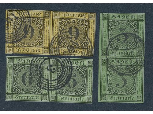 Germany, Baden. Lot used 1851–60 on stock cards. Mi 3b (vertical pair), 6 (horizontal pair) and 7 (horizontal pair). Mi total 435 €. Fine quality. (6)