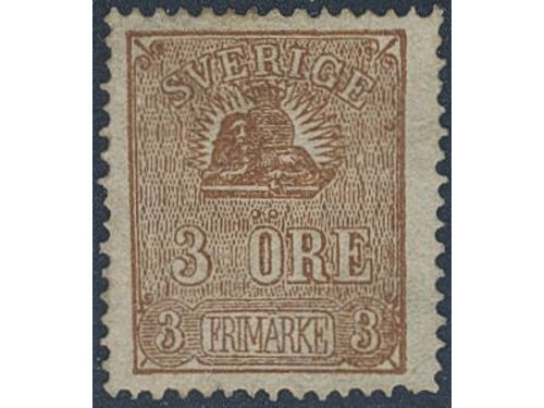 Sweden. Facit 14Bc1 ★, 3 öre brown, type II, perforation of 1855. Very beautiful. Certificate Obe. 2,3,2 (1984). SEK 2200