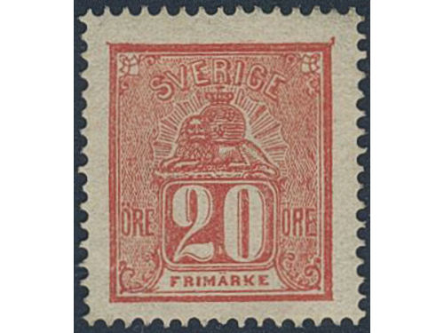 Sweden. Facit 16e ★, 20 öre red. Very fine and fresh unused copy. Opinion (shade) by O.P. SEK 2600