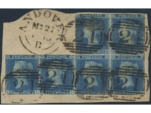 Britain. Michel 4a used, 1841 Queen Victoria, with line under Postage 2 d blue, watermark small crown. A most unusual block of six of the 1841 2d blue, on piece, all used with neat '21' in oval pmks and corresponding And over double circle pmk, lightly to upper left. There are a few small faults, nevertheless as a used multiple of six, this is highly unusual and scarce. Cat. as single stamps only at £660 SG #15, this is however as a multiple many times scarcer than that due to its rarity in this block format.