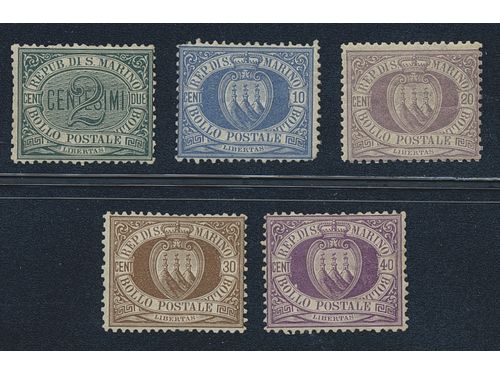San Marino. Michel 1–5 ★, 1877 Numeral and Coat-of-Arms SET (5). 2 c (*), 40 c with small thin spot and short perfs. EUR 1898