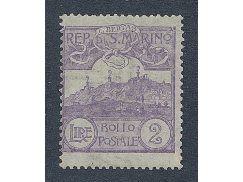 San Marino. Michel 44 ★★, 1903 Numeral and Monte Titano 2 L pale violet. 700 € if x. Off-centered.