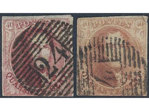 Belgium. Michel 5A used, 1849 King Leopold I 40 c rose/carmine wmk 1. Also a brownish carmine on very thin paper. Both short cut.