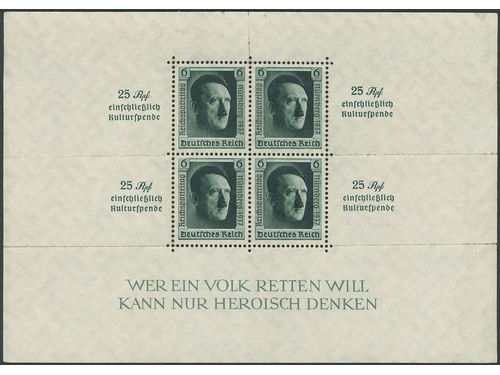 Germany, Reich. Michel 648 ★★, 1937 Culture souvenir sheet 9 (1). EUR 330