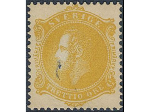 Sweden. Facit 16, 99 (★), C A Nymans proposal stamp TRETTIO öre in brown-orange colour with smoth background. Small ink line.
