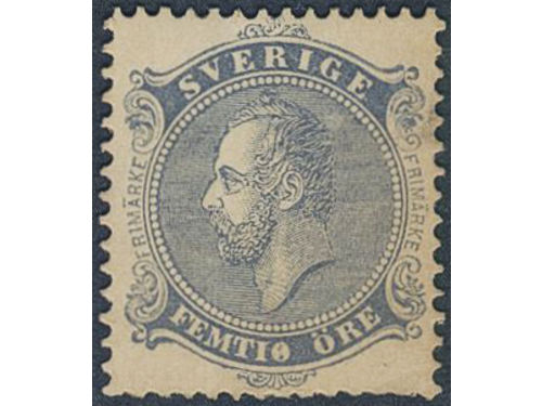 Sweden. Facit 16, 99 (★), C A Nymans proposal stamp FEMTIO öre in ultramarine colour with dashed background. Short perfs.