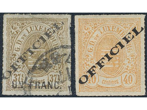 Luxembourg. Official Michel 1–8 type 1 used, 1875 overprints line perf. 30+40c = x, as ususal mixed quality incl e.g. 10c thin spot. EUR about 4400.