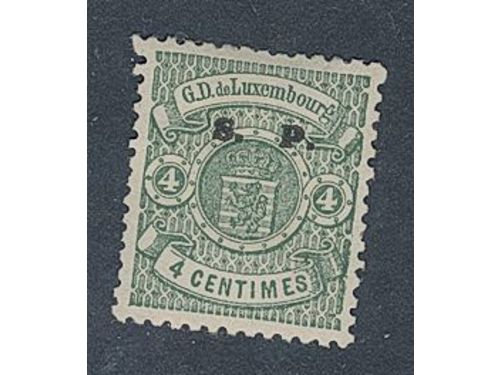 Luxembourg. Official Michel 23 II ★, 1882 S.P. on Coat of Arms 4 c blue-green overprint thick type. EUR 200