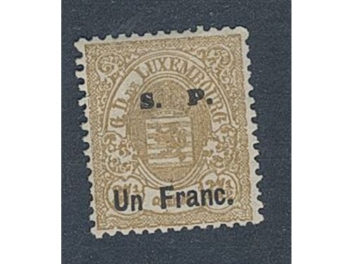 Luxembourg. Official Michel 26 II ★, 1882 S.P. on Coat of Arms 1 Fr on 37½ c yellow-brown overprint thick type. EUR 220