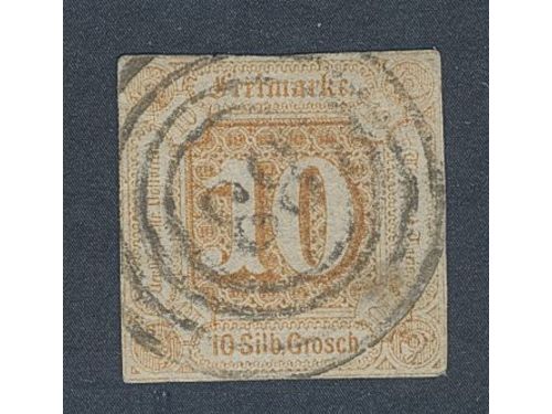 Germany, Thurn und Taxis. Michel 19 used, 1859 Numeral type 2nd issue 10 Gr orange. With light creasing, cancelled by numeral 83 cancel. Close cut but into the picture. EUR 600