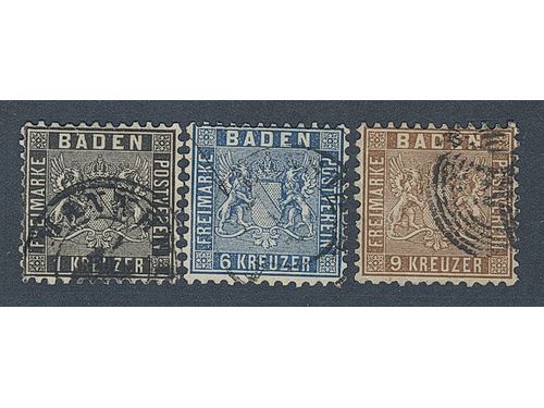 Germany, Baden. Michel 13–15 used, 1862 Coat-of-arms SET (3). Close cut. EUR 330