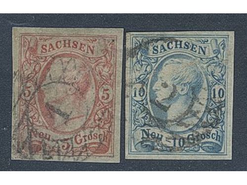 Germany, Saxony. Michel 12ca used, 1856 King Johann I 5 ngr pale grey-red and 10 ngr pale cyan-blue (first issue). EUR 380