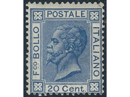 Italy. Michel 26a ★★, 1867 Victor Emanuel II 20 c blue. Sassone #T26a with Doctor Fabio Sottoriva coloured photo certificate, also two signatures on reverse incl. Diena. Broken upper right corner.