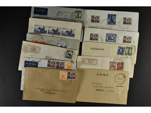 Papua New Guinea. Covers,  covers. Very diverse and interesting range including registered from sub district post offices from places such as Abau, Kairuku, Kieta, Kokopo, Lae, Sohano, Wewak, virtually everything if not all, commercial covers. Also noticed coloured cancels, relief cancels and much more. All in all there are about 40 covers. When this range which is primarily KGVI is put into chronological order and written up, it will transform the value of this recent postal history discovery.