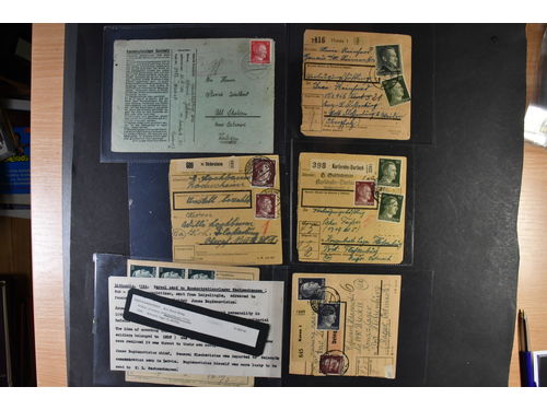Germany, Reich. Covers,  covers. Five parcel cards to concentration camps Sachsenhaussen and Flossenburg, and a censored cover from Auschwitz (6).