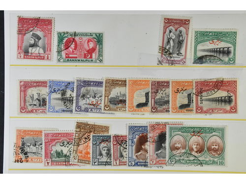 India. Lot used 1900s on stock cards. Bahawalpur, both regular stamsp and officials. SG 362£. Mostly fine quality. (20)
