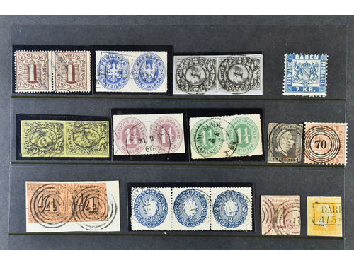 Germany, states. Lot mostly used 1841–70 on stock cards. Single stamps, horizontal and vertical pairs and one strip of three. Low reserve! Mostly good quality. (22)