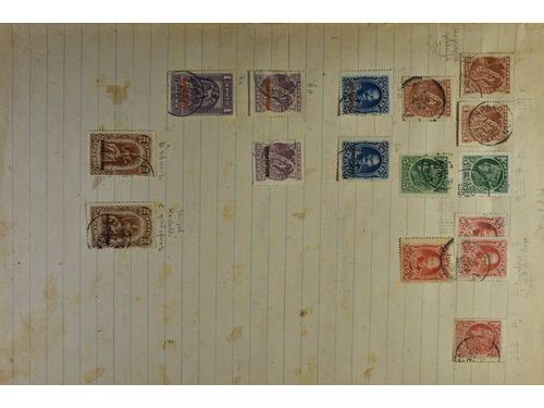 Crete. Collection used 1898-1910 in old writing book. Interesting coll. with e.g. Mi 19-27 used, 37,54,64 x, 63-64 on cut pieces, also Dues, Heraklion #1 sign Richter and Schlesinger, Rethymon and Therison as well as a small cancellation section. The collectors has made notes throughourt about number, perfs etc. The entire lot is presented at www.philea.se. Fine quality.