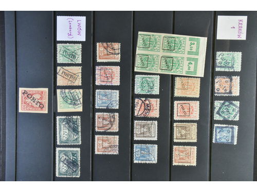 Poland. Collection/accumulation ★★/★/⊙ 1918–20 on six visir leaves. Local city mail overprints from Krakow, Lwow, Cieszyn, Przemysl, Bielso and Rozwadow. All of them seems to be genuine. In total is it 160 post offices with overprints from this period. Mostly fine quality. (160)