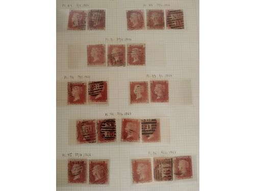 Britain. Used. Mi 14 One penny red plate number collection on leaves, 1–4 of each, all except pl 77, 225. Mixed quality. (268)