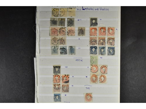 Austria, areas. Accumulation mostly used Classics on six stockbook leaves. Good range including Lombardy-Venetia, Post offices in Levant and on Crete. Many better stamps as can be seen from the complete presentation at www.philea.se, and catalogue value more than EUR 4000 acc. to vendor. Mostly fine quality.