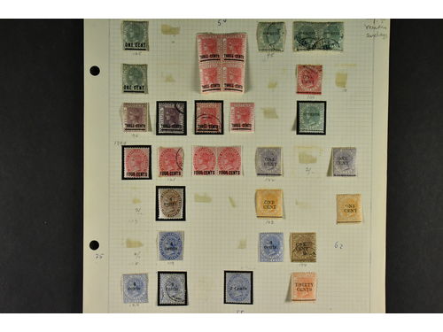 Malayan states, Straits Settlements. Collection/accumulation ★/⊙ classics–1930s on leaves. Interesting somewhat disorganized with many overprint stamps, higher values etc. Please inspect. The entire lot is presented at www.philea.se. Mostly fine quality.
