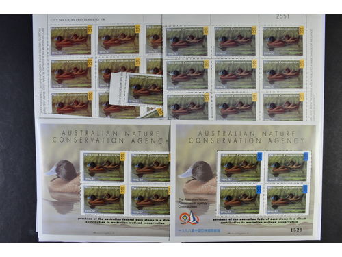 Ascension. ★★. WETLAND CONSERVATION 1996-97 $15 stamp: 13 souvenir sheets (one damaged but stamps OK) with yellow denomination square and one s/s with dito blue, and 53 stamps mainly in part sheets . This is similar to the USA migratory bird stamps. Totalt FACE VALUE AUD 1680. Unusual.