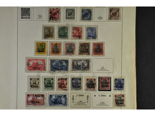 German colonies. Collection used on leaves. Post offices and Colonies with better stamps incl PO China, Turkey, Karolinen incl set to 5mk, 2mk East Africa, 1-3MK German SW Africa, Kiatshou square wmk set to $2.5, Samoa Mi 18 etc. A good lot! The entire lot is presented at www.philea.se.
