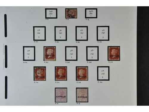 Cyprus. Collection mostly used 1880-1956 on homemade leaves. Contains e.g. Mi 1-3, also partly collected plate no, 7, 8 16-22 and more. Mostly fine quality.