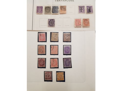 India, states. Collection ★★/★/⊙ in album with stamp mounts. Approximately 400 stamps. Some of the stamps might be false, but all in all a favourable reserve.