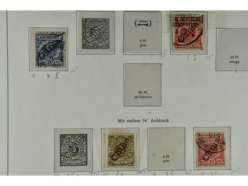 German colonies. Collection ★/⊙ 1884–1919 in Leuchtturm album with stamp mounts. Several better values incl e.g. Morocco Mi 17I used, 58 on cover piece, Turkey 20 II, Togo 17 used, and more. Fine quality.