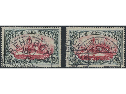 German colonies, Southwest Africa. Collection ★/⊙ 1897-1904 in Lindner album. Collected both unused and used incl many better stamps and also covers/cards, e.g. Mi 9a on Postal Stationery card G12 (Cert Jäschke-Lanterne). Also small section South West Africa with cancellation study. The entire lot is presented at www.philea.se. Fine quality.