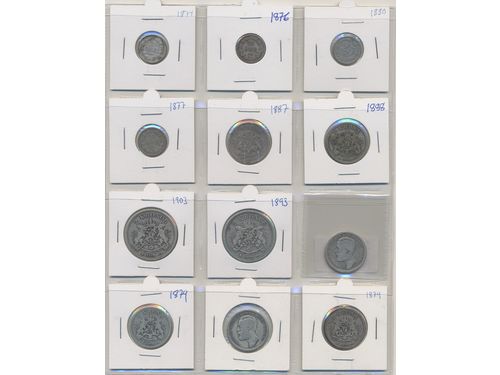 Coins, Sweden. 1 album with 57 coins in silver and bronze, 1873–1907, mixed quality.  .
