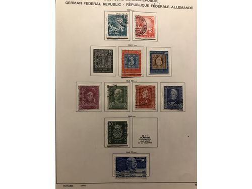 Germany, mixed. Used. Collection 1945–1979 in Schaubek album incl. some dupl. Containing French- and US/British Zone, Saargebiet and BRD incl. Mi116–21 and 143–52 etc. (>1400)