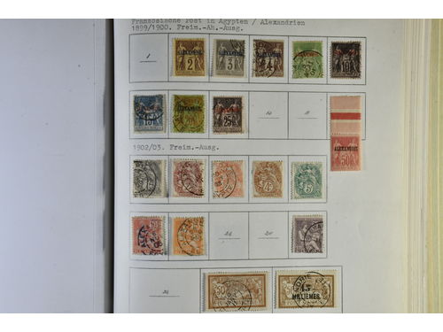 France. Collection mostly used 1849–1980 in two Behrens Albums. E.g. better early incl. Mi 1–2 (close margins, #2 on small cover piece), a reasonable Mi 32 (thin spot), 38, 42 and 44, medium-priced later material (but nothing expensive) and also some French Post offices. Mostly fine quality.