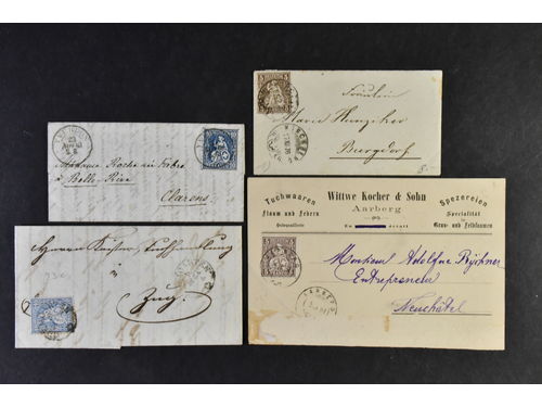 Switzerland. Collection mostly used 1850–1958 in Leuchtturm album. Sitting Helvetia (perf) well represented. Standing Helvetia with different perforations. Many Pro Patria and Pro Juventute complete issues. Somewhat mixed quality. (>500)
