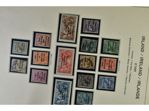 Ireland. ★★/★/⊙. Attractive collection of hundreds of stamps housed in a Schaubek album, mint and used, first set seahorses mint high values to 10/– complete and then defins used 1922 to 10d and 1/–, as well as subsequent defins to 9d and 10d mint and used, through to the three line overprint again to 1/– of the last, set followed by the re-engraved 2/6d and 5/– seahorse. Collection continues with page after page material including the 1942/45 St Patricks set mint and virtually all the commems through to the 1980s ending with back of the book postage dues. A well rounded collection, not needing that much save further seahorses and coils for completion, a much recommended viewing.