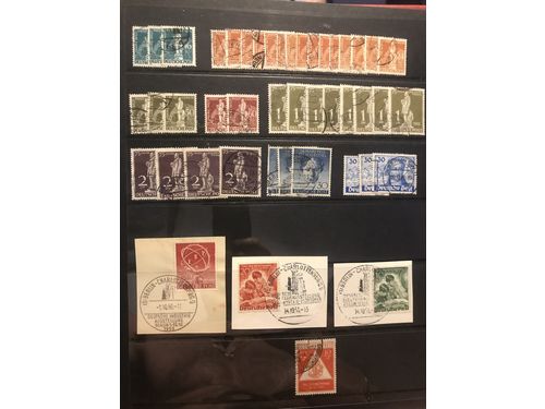 Germany, mixed. ★★/⊙. Accumulation 1940s–1990 in four Visir binders. Containing BRD, Berlin, Zones and DDR incl. also better issues. Also a binder with various countries old–modern. Mostly fine quality. Approx. 7 kg.