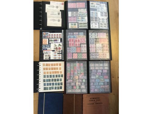 U.S.A. ★/(★). Accumulation in e.g. eight albums/binders old-modern. Containing hundreds of ** blocks-of-four, ** units, back-ot-the-book, some covers and cards, etc. Approx. 11 kg.