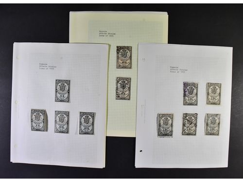 Romania. Revenues, collection 1875–1960s. Comprehensive collection */(*)/¤ in four albums containing about 1400 revenue stamps: war tax, surtax, municipal and regional (incl several for Bucovina), telegraphs, radio and TV-license, etc. Added to this is an album with about 80 unofficial stamps (both perf. and imperf.) issued in exile in the 1950s and 1960s. The condition is Very fine overall. Duplicated on some issues. (1500)