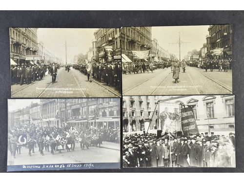 Russia. Picture postcards, lot 1917. Four postcards Russian Revolution. Two depicting the big workers protest 18th of june–1st of July 1917 and two of the Kosack protest 15–28th of July 1917 in Petrograd. The entire lot is presented at www.philea.se. Good quality.